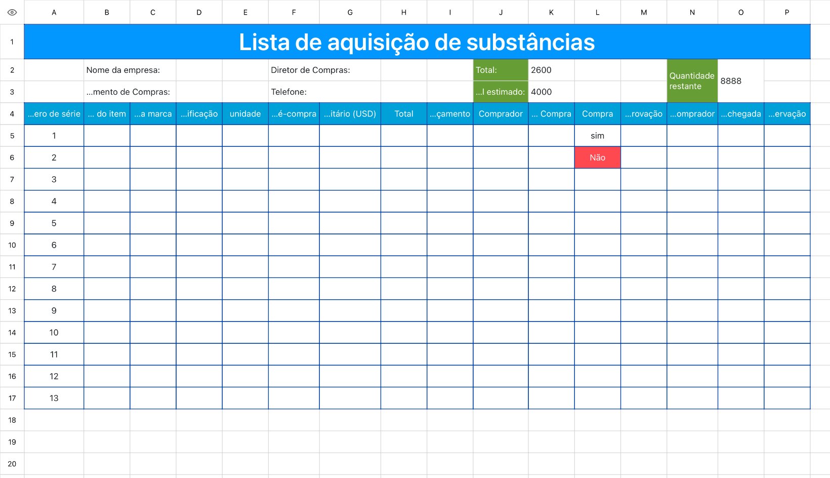 Lista de aquisição de materiais